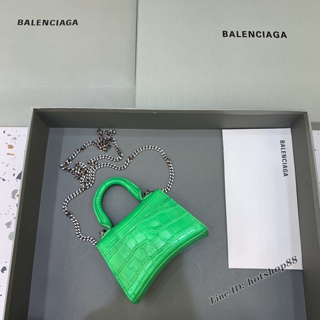 Balenciaga專櫃爆款手提女包 巴黎世家鱷魚紋牛皮新綠色銀扣mini Hourglass沙漏包 fyj1004